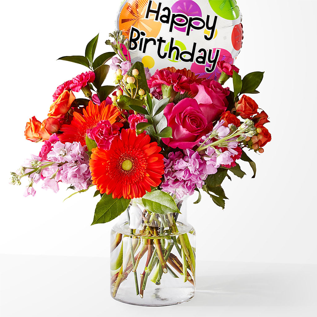 Fiesta Bouquet with Birthday Balloon – FLOWER HOUSE PLANTS & BLOOMS, Willowick OH