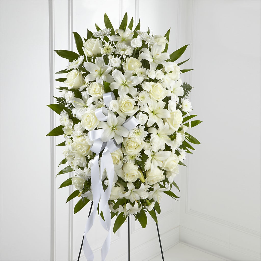 Exquisite Tribute Standing Spray-White Ribbon – FLOWER HOUSE PLANTS & BLOOMS, Willowick OH