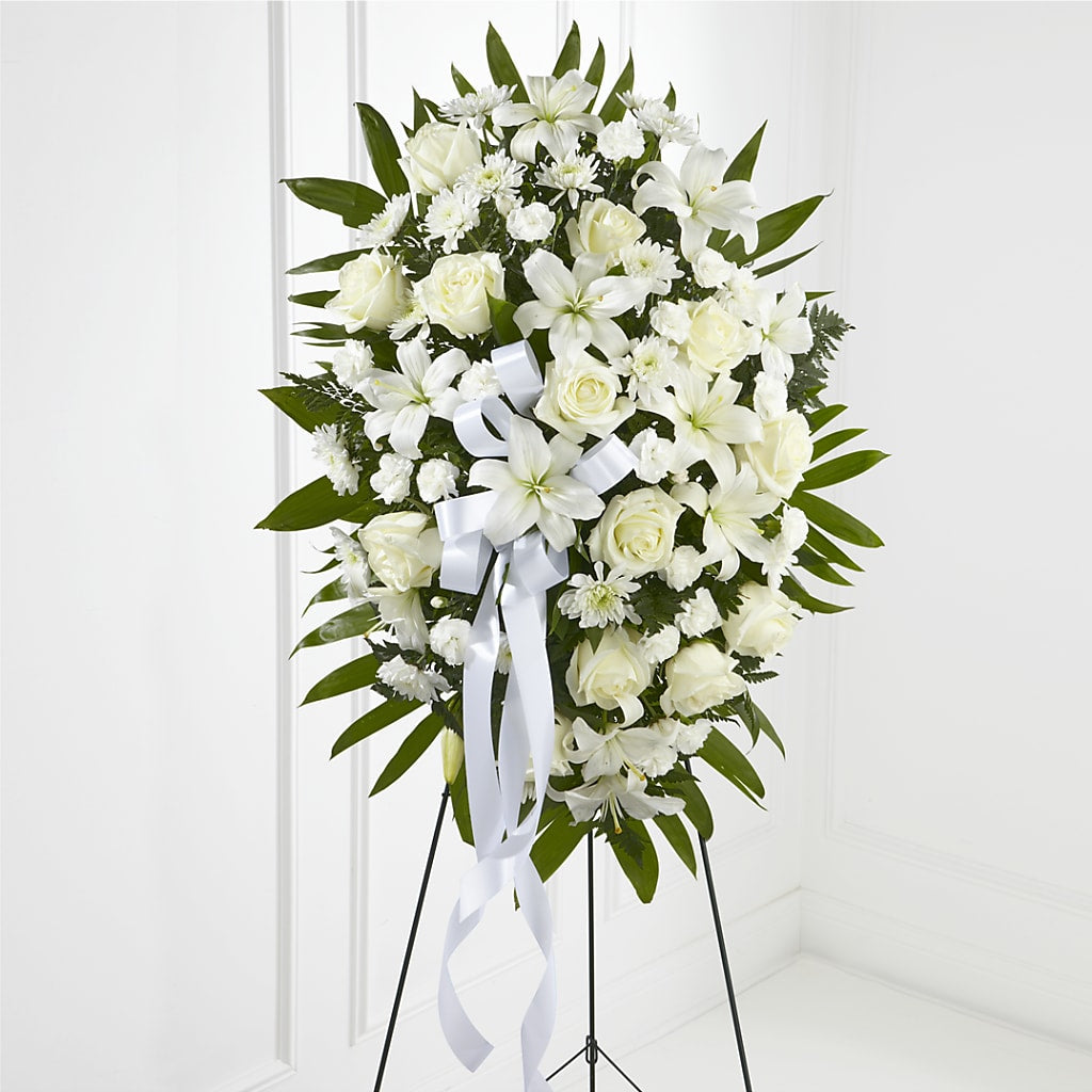 Exquisite Tribute Standing Spray-White Ribbon – FLOWER HOUSE PLANTS & BLOOMS, Willowick OH